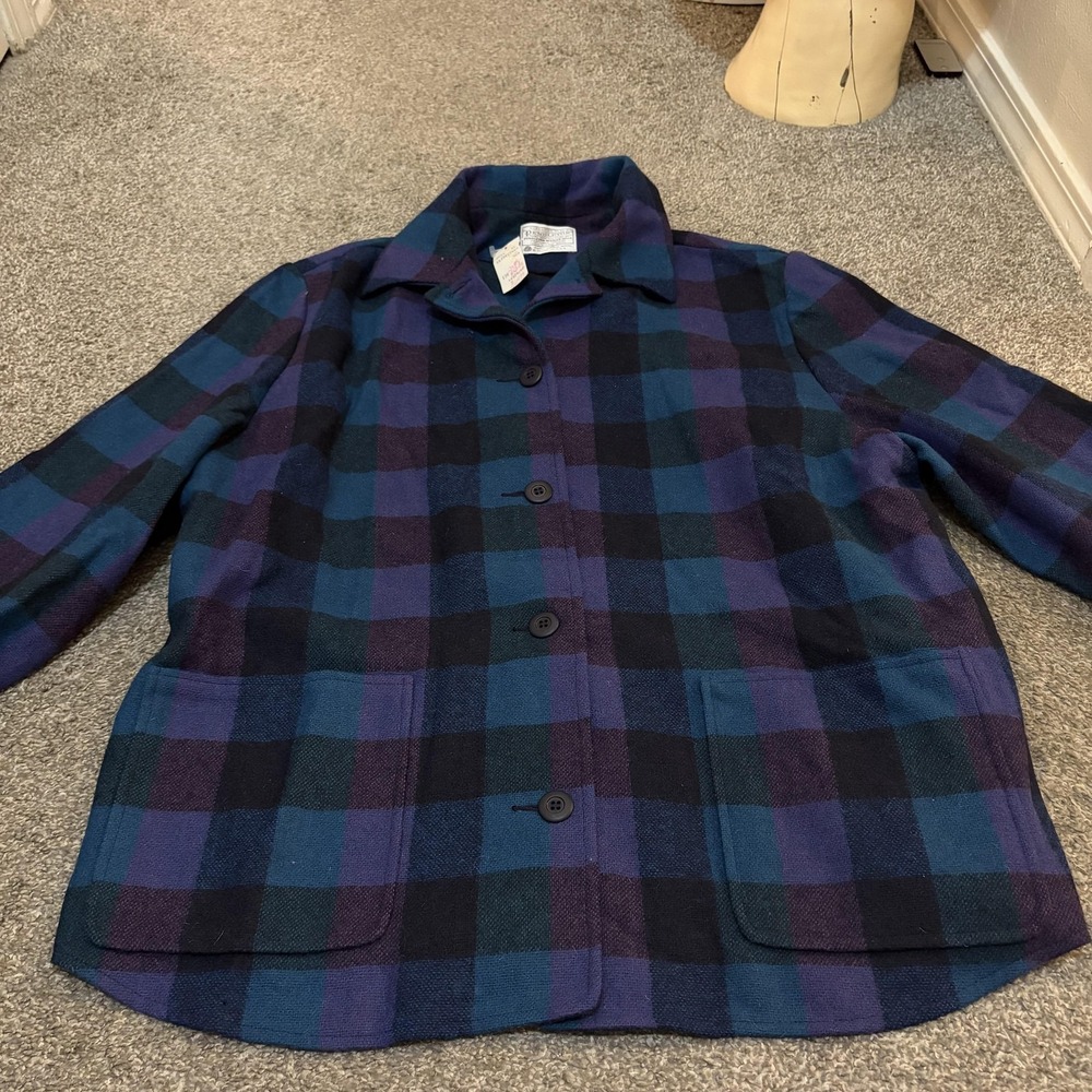 Vintage Pendleton Jacket Womens Large Blue Plaid Wool Made USA Knockabouts
